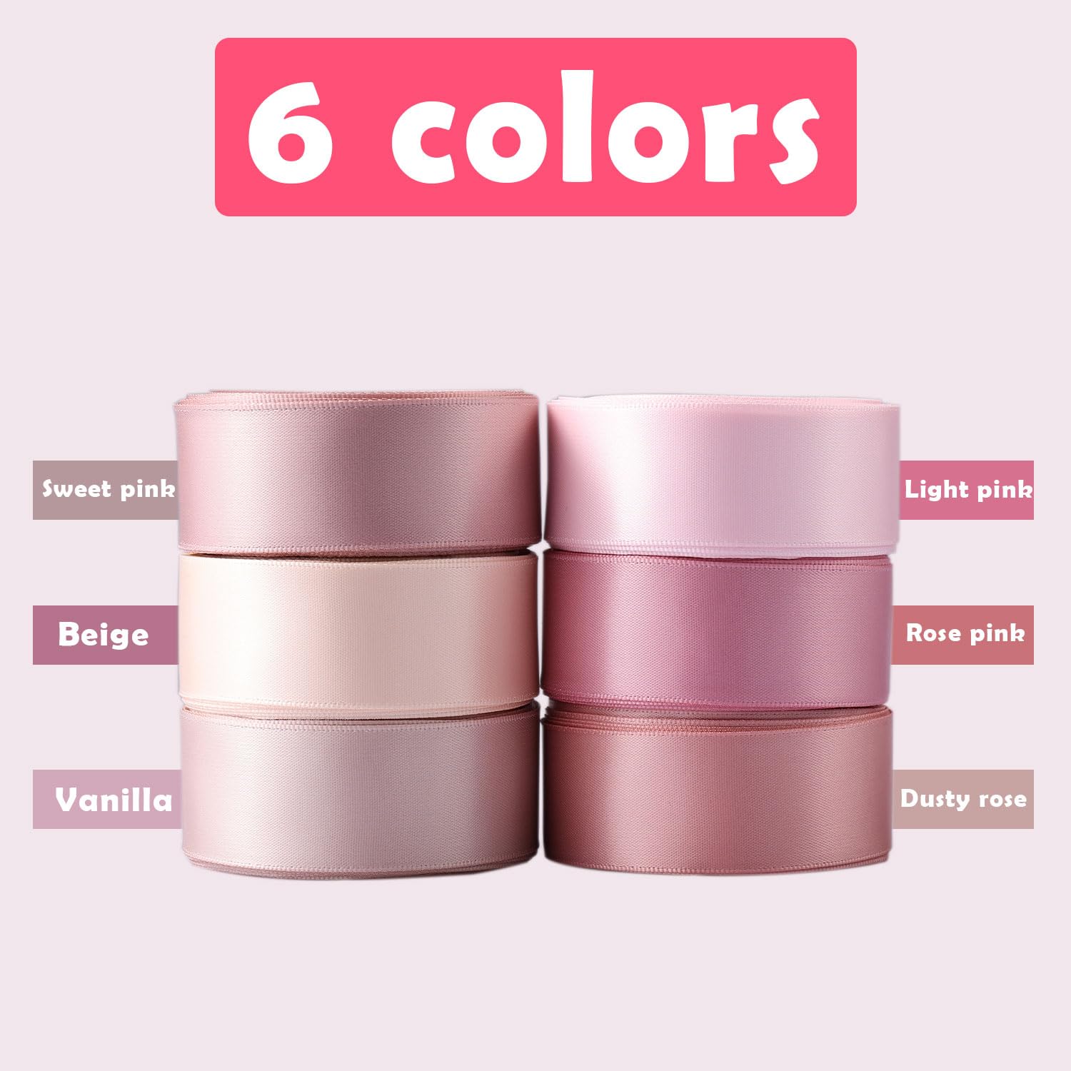 Ruban Satin 25mm X 4,6m - Lot De 6 Rouleaux Double Face - Pour Bouquets, Mariage, DIY - 6 Couleurs Assorties