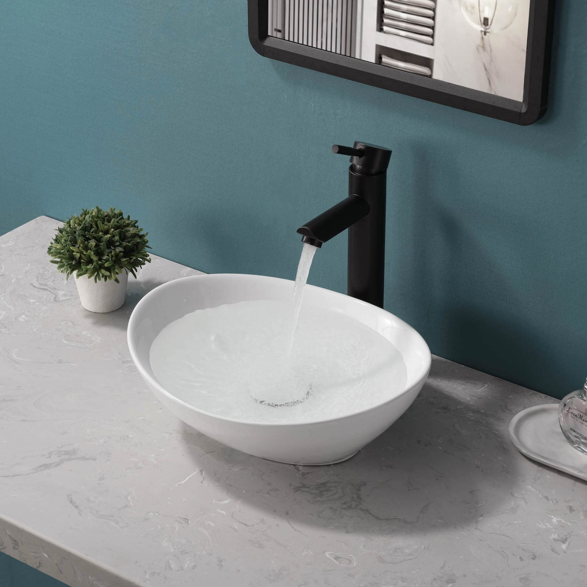 Bathivy Oval Bathroom Vessel Sink, 16'' x 13'' Modern Above Counter Vanity Bowl, Small White Porcelain Art Basin Sinks with Pop Up Drain Combo