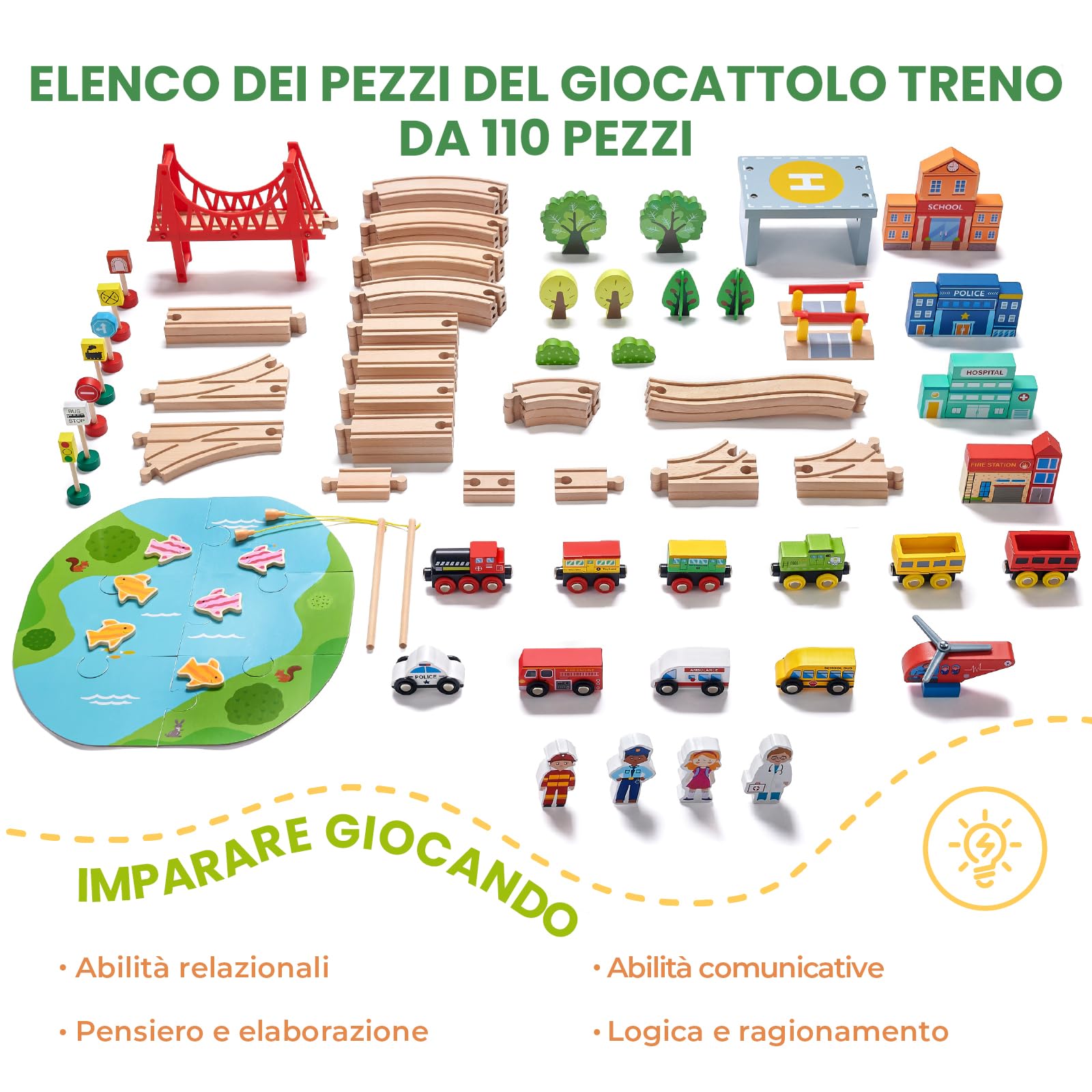 Tiny Land Set ferroviario ferroviario in legno, 110 pezzi, trenino giocattolo per ragazzi e ragazze con binari in legno, giocattolo in legno per bambini e bambini dai 3 ai 7 anni