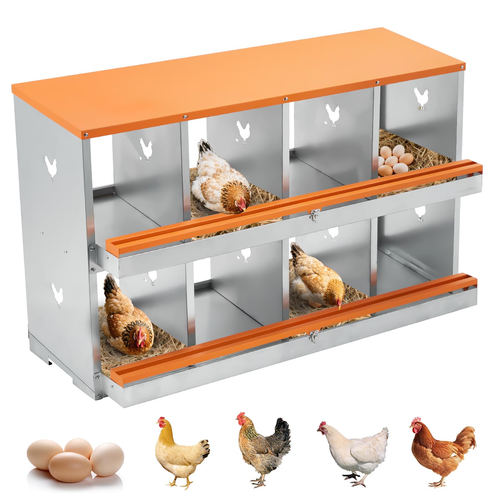 Gabbia professionale per galline ovaiole – 8 scomparti, metallo a doppio strato, ampia ventilazione, trespolo integrato, facile raccolta delle uova – Colore arancione ruggine, doppio strato 8
