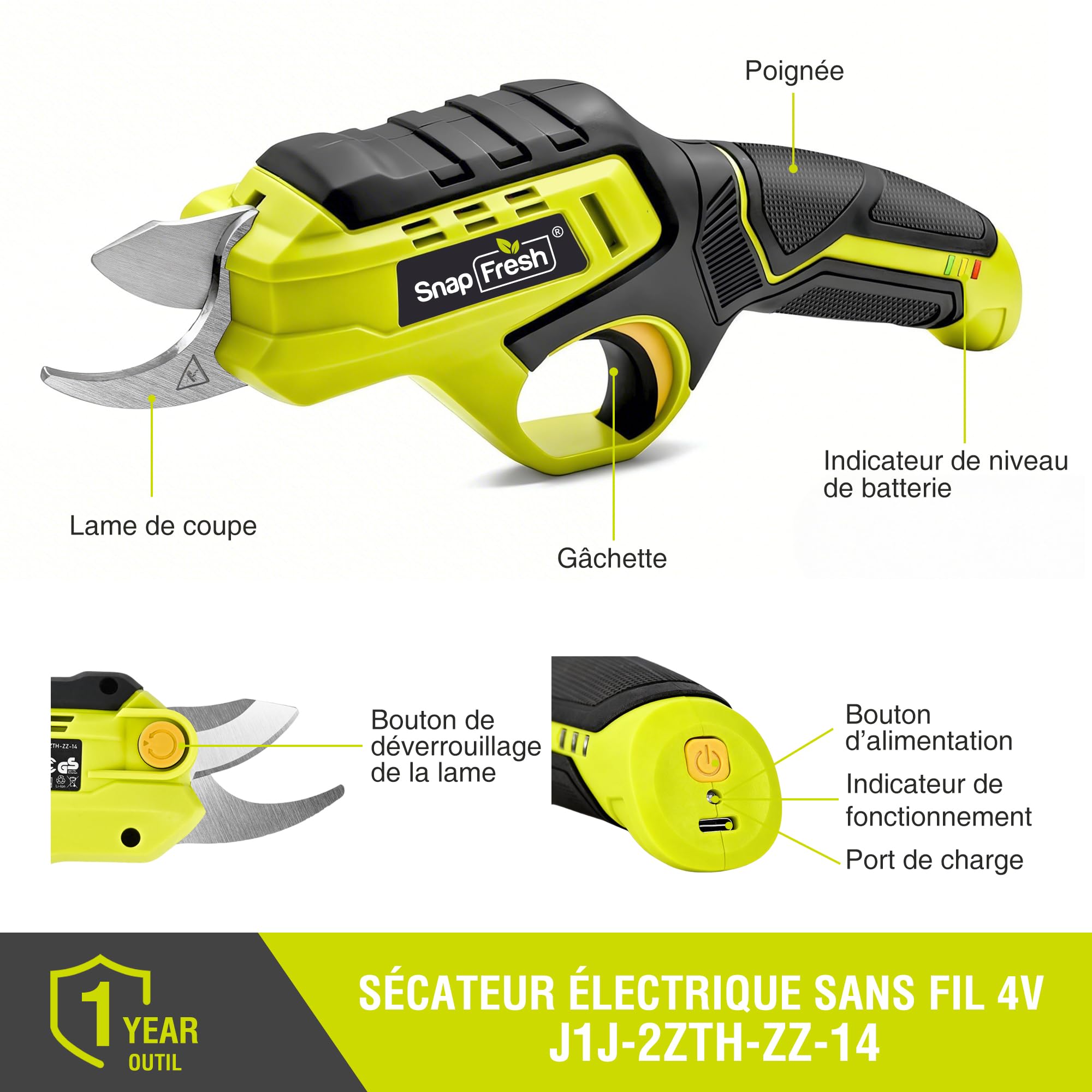SnapFresh Secateur Electrique Sans Fil avec Batterie 4000 mAh & Lames en acier SK5 (2 Pièces), 1500 Coupes par Charge, Diamètre de Coupe de 18 mm pour Jardins, Branches, Arbres Fruitiers et Vignoble