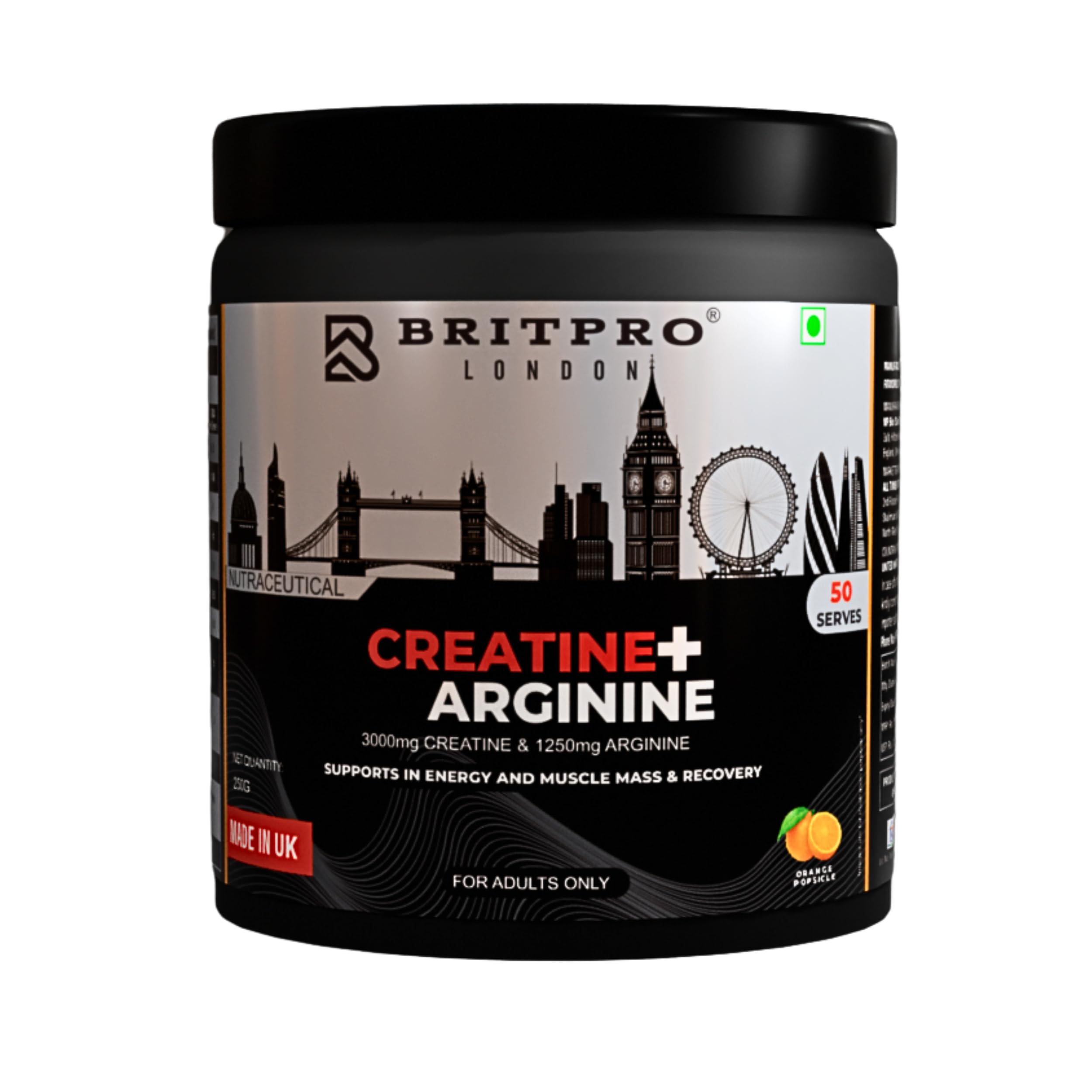 London Creatine + Arginine Powder | 3000mg Creatine Monohydrate & 1250mg L-Arginine | Pre Workout Muscle Strength, Energy & Recovery | 50 Servings | Orange Popsicle Flavor | 250g-image-22