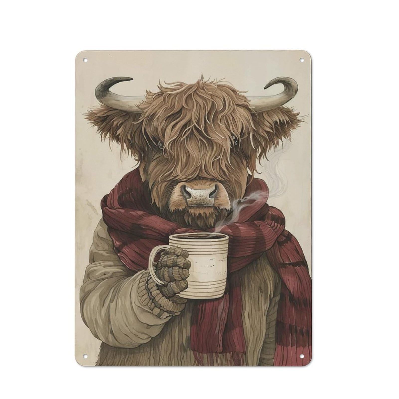 Junmoney Style-21 Anthropomorphic Highland Cow With Coffee Metal Wall Sign 40X30cm, Rustic Decor For Pub Or Café, For Home Interiors, Feature Walls And Decorative Displays