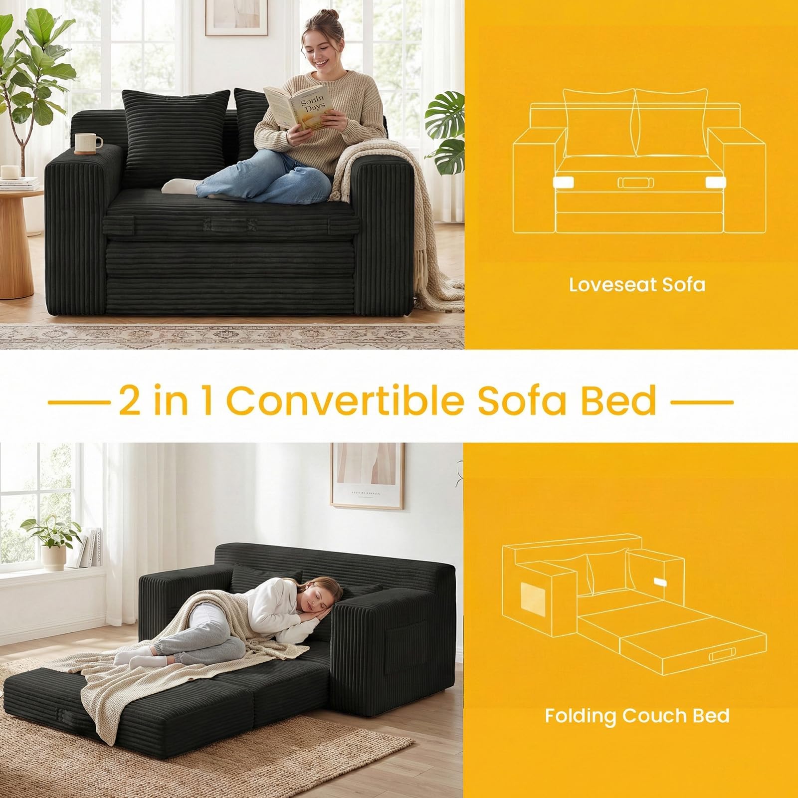 Boneless Couch,Boneless Loveseat Sleeper Sofa Bed – 3-in-1 Convertible Couch Bed with Side Pockets & Handle,Pull Out Corduroy Futon for Small Space,Living Room & Bedroom,2 Pillows Included,No Assembly