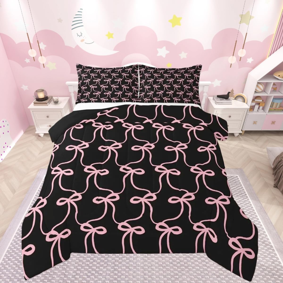 Cute Black Pink Bow Bedding Set Soft for Boys Girls, Kawaii Bowknot Comforter Set Twin Size Bows and Stripes Duvet Quilt Microfiber Princess Decor Bedroom Decor 2 Pcs with 1 Pillow Cases