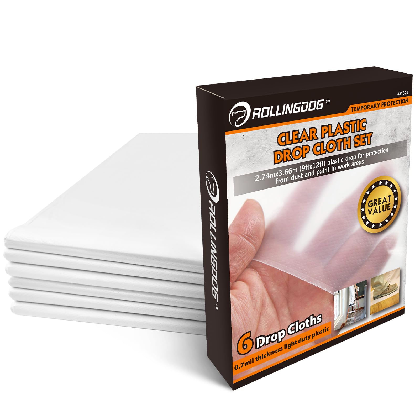 ROLLINGDOG 6 Pack Plastic Dust Sheets for Decorating - 12ft x 9ft