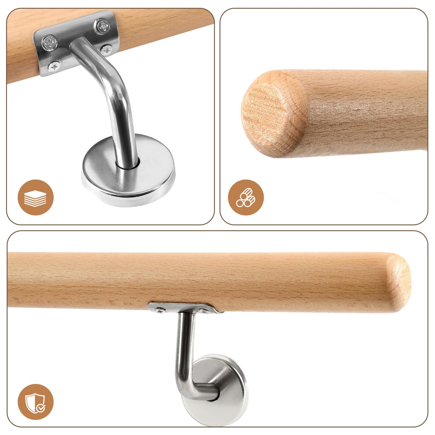 Main courante en bois de hêtre - 80 cm - Rampe d'escalier murale - Avec support mural et embouts, main courante ronde de 42 mm de diamètre - Antidérapante - Pour escaliers, balcon