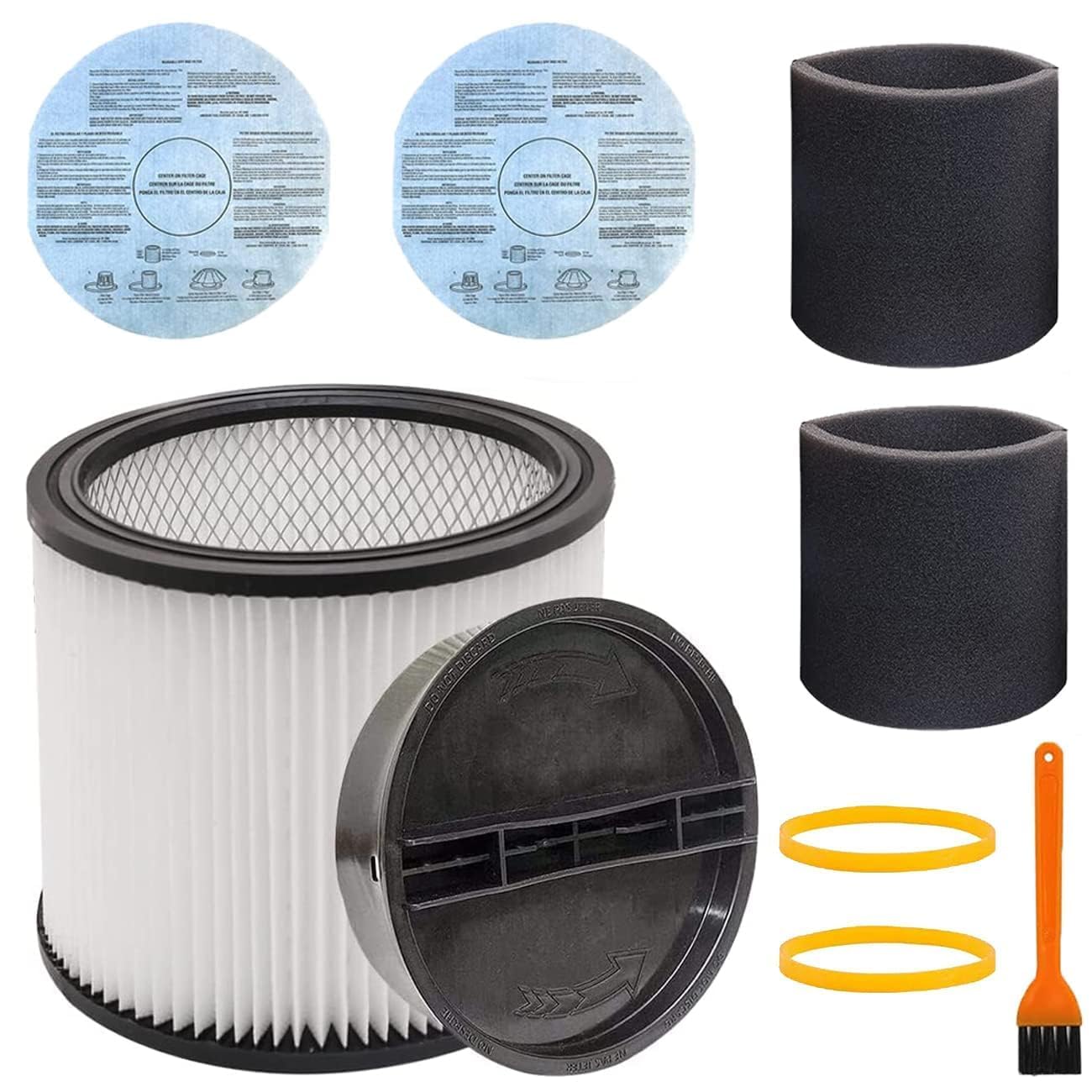 Replacement Filter 90304, 90107 Dry Vac Filter & 90585 Foam Sleeve Filter Set for Shop Vac 90304 90333 90350 9030400, Compatible with Most 5 Gallon Up Wet/Dry Vacuum Cleaner, 9PCS