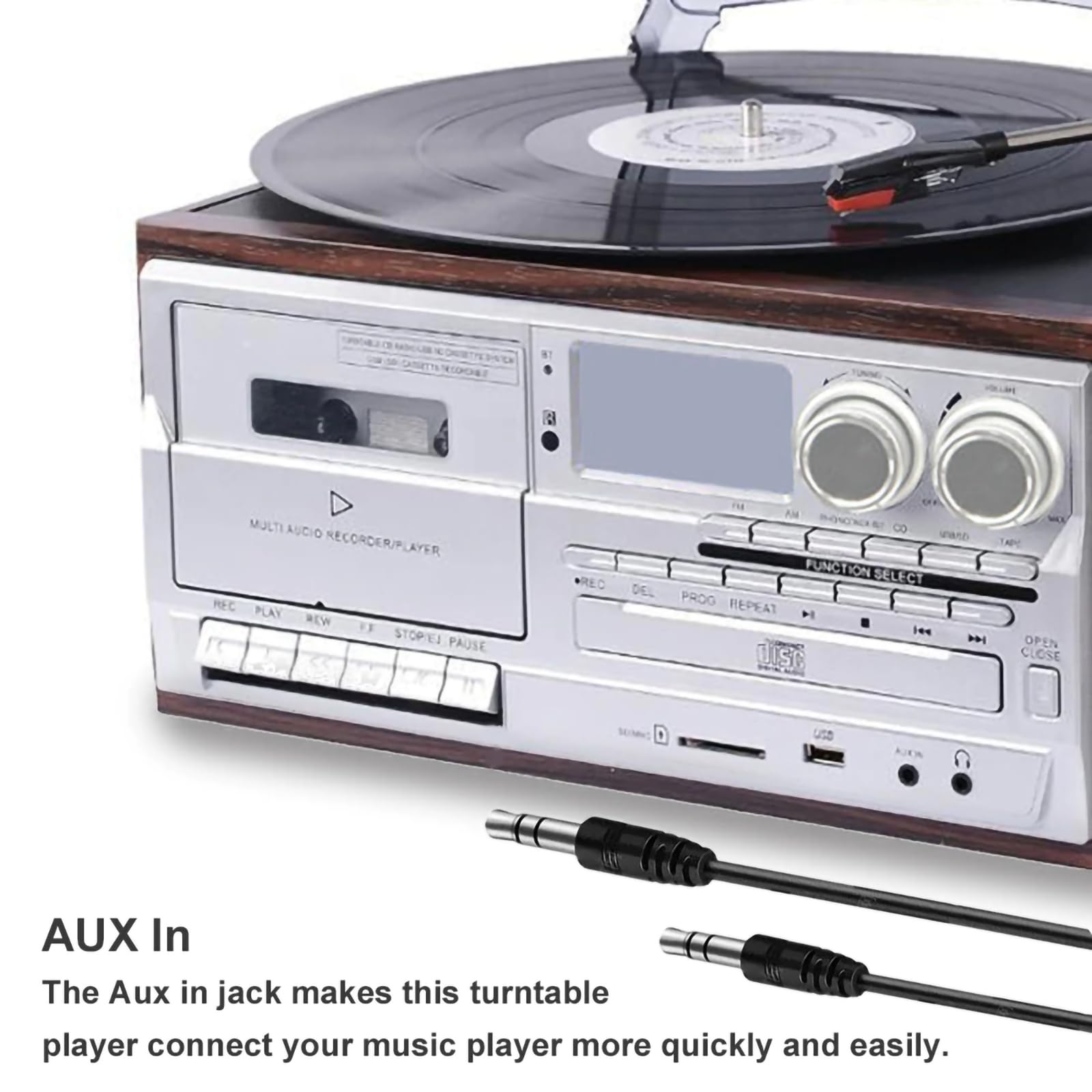 Giradischi in Vinile a 3 velocità Regolabili con Bluetooth, CD, Cassette, Radio FM/AM, Riproduzione USB/SD, Ingresso AUX, Uscita Cuffie e Audio, fonografo Vintage,Brown