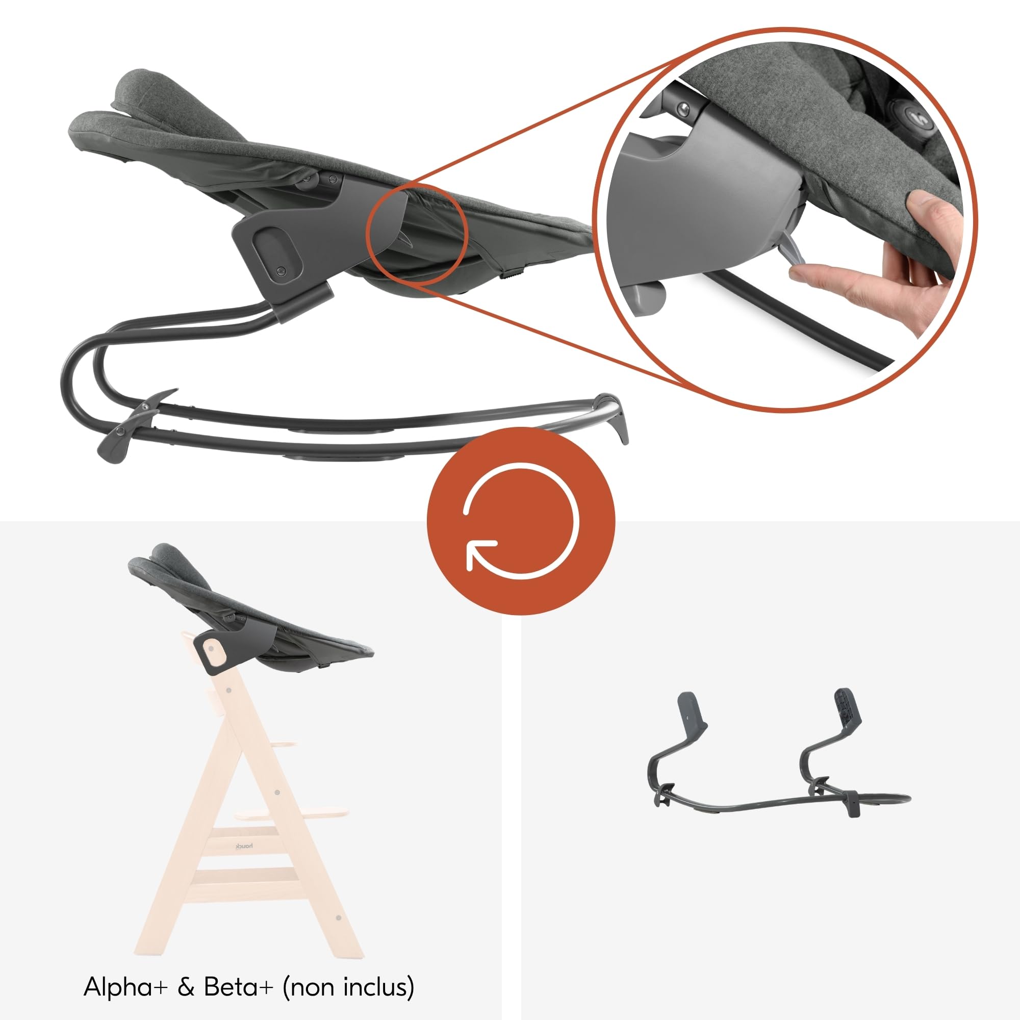 hauck Siège Nouveau-Né Alpha Bouncer Premium, Dark Grey | Utilisable sur chaise haute bébé hauck Alpha+ et Beta+ ou support, dès naissance, réglable, harnais 5 points