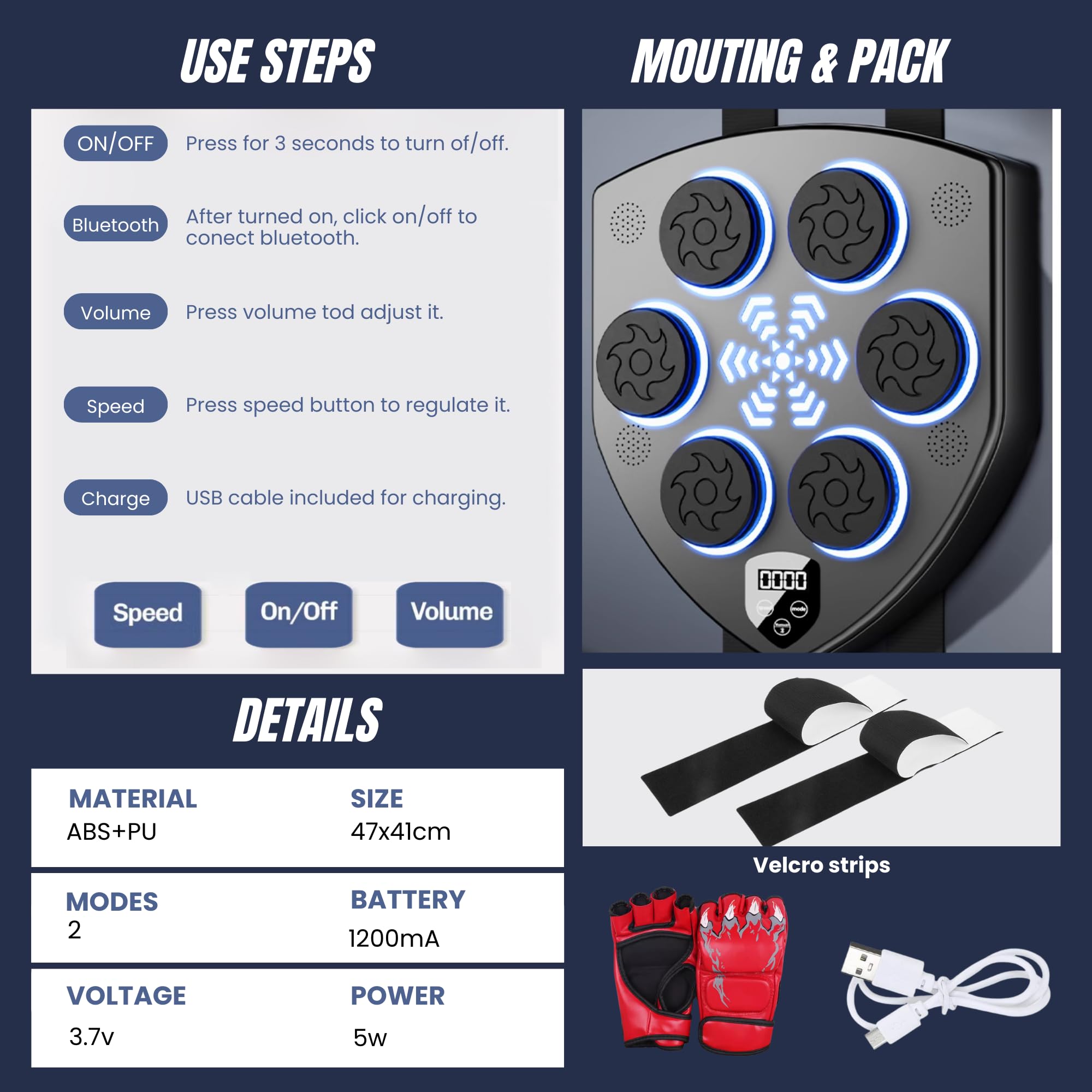 MAGIC SELECT Macchina da Boxe Musicale, Attrezzatura da Allenamento per Boxe a Parete in PU, Pad da Boxe a LED, Bluetooth, Luci al Ritmo della Musica.
