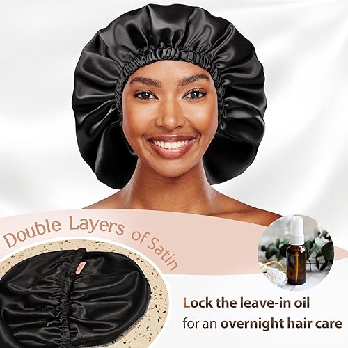 Miniatura 4 de Gorro de satén de seda para dormir, para mujer, trenzas de cabello rizado, doble capa, ajustable, gorro de dormir