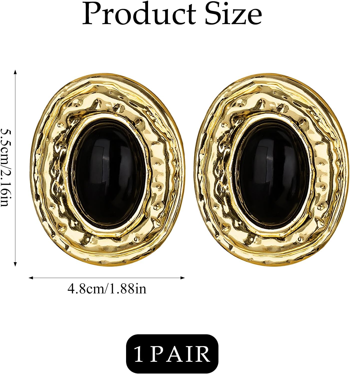 Black and Gold Earrings for Women, Vintage Oval Chunky Gold Earrings with Hammered Texture, Lightweight Statement Earrings for Women, Big Black Stone Drop Earrings Jewelry Gift - Image 2