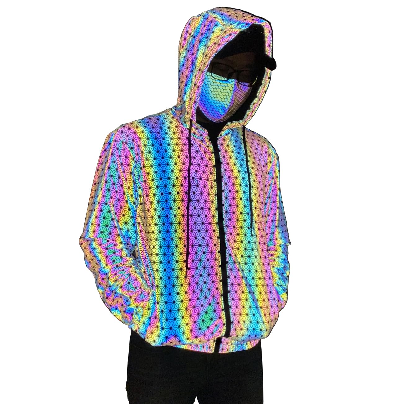 Męska kurtka odblaskowa z kapturem, hip hop, na imprezę, do tańca, na zewnątrz, wiatroszczelna, oddychająca, do biegania, jazdy na rowerze, nocą, świecący płaszcz M