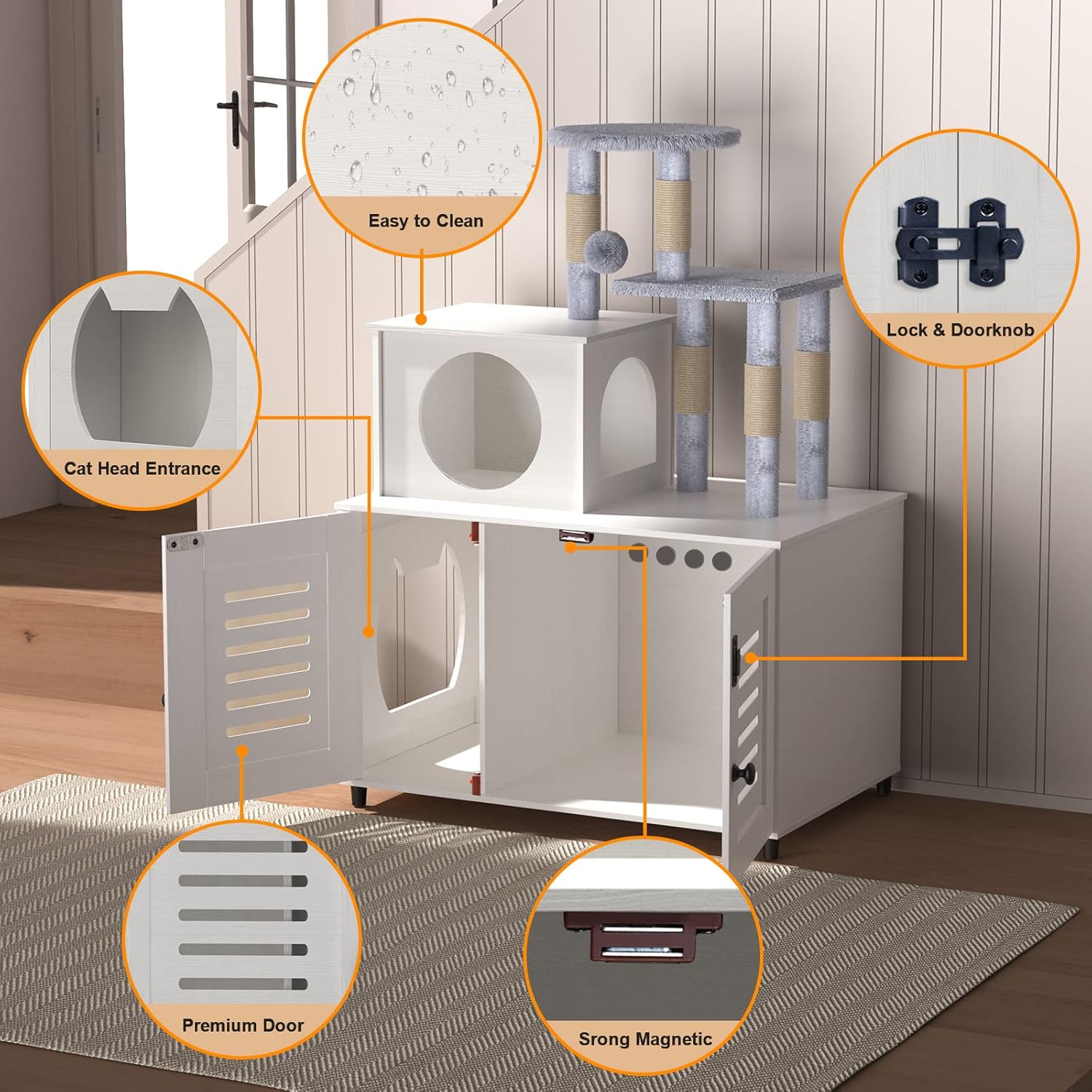 EasyCom Litter Box Enclosure, Hidden Cat Tree Tower Furniture for Indoor House, All-in-one Wooden Cat Litter Cabinet with Scratching Post and Condo, White