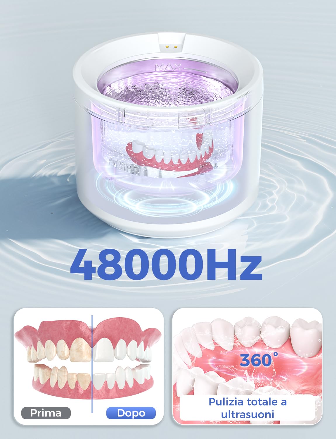 Pulitore Ultrasuoni 48000Hz, Pulitore Ultrasuoni Apparecchio Denti 200ml con UV Lampada e Pulizia di Baske, per Bite/Protesi dentali/Fermi/Testine di Spazzolini da Denti, Bianco