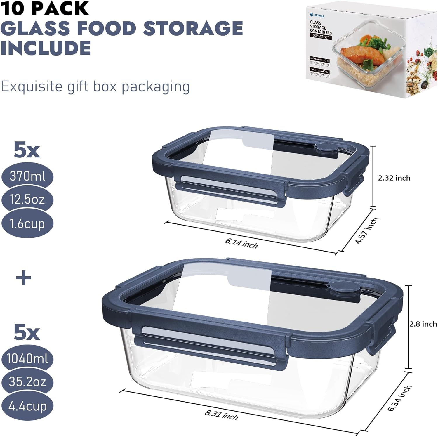 10-Pack Glass Food Storage Containers with Tempered Lids – Borosilicate, Airtight, Oven-Safe (-4°F~950°F), BPA-Free, 4.4 & 1.6 Cup, Leak-Proof, Dishwasher Safe (Blue) Tempered Lids Blue 4.4Cup*5 & 1.6 Cup*5