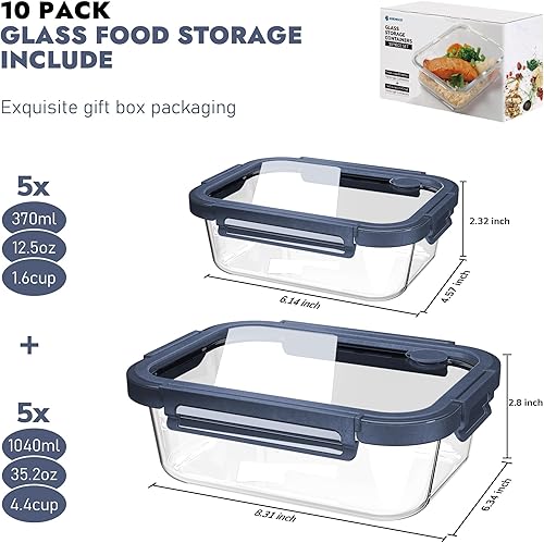 Miniatura 2 de Paquete de 10 recipientes de vidrio para almacenamiento de alimentos con tapas templadas, borosilicato, herméticos, aptos para horno (-4°F ~ 950°F),