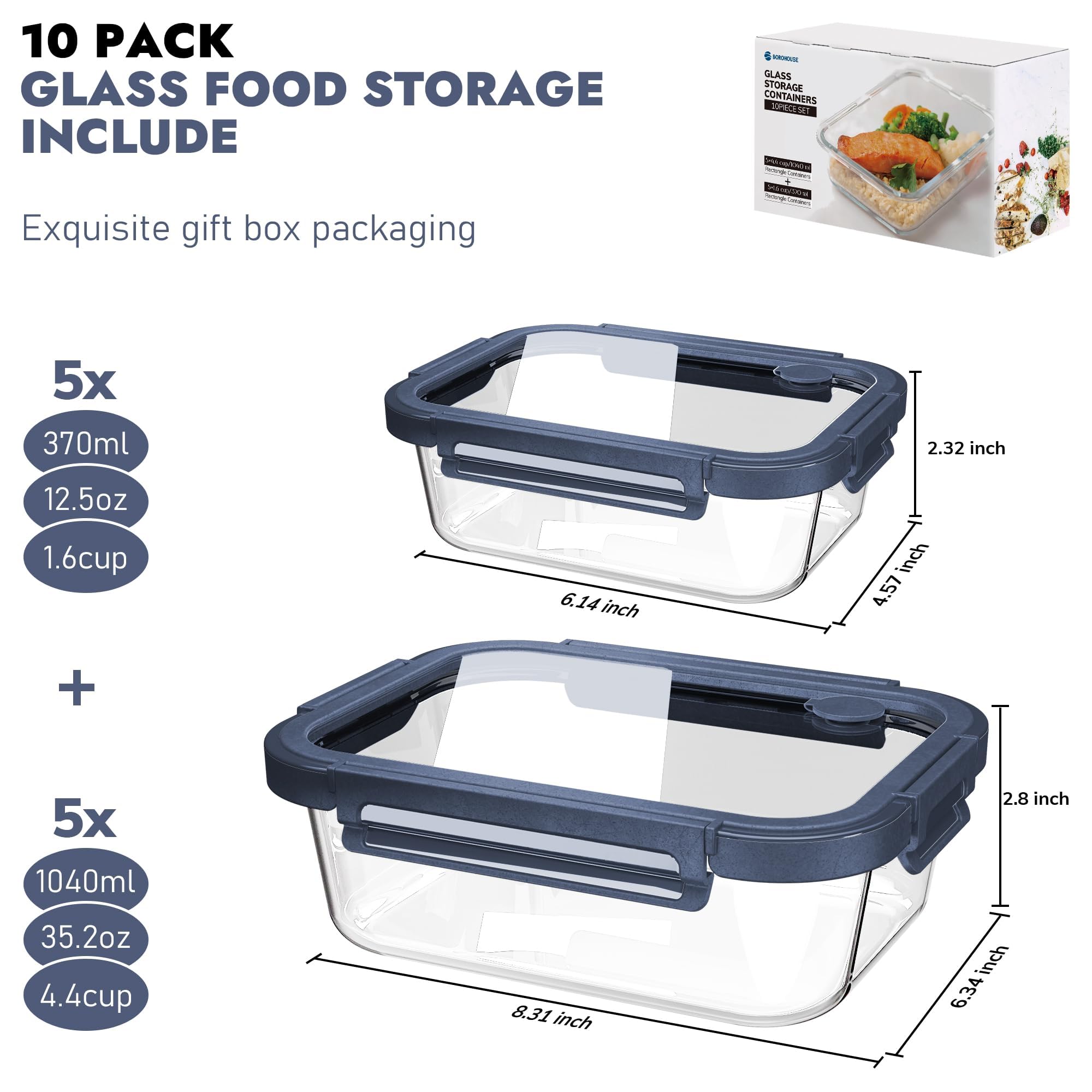 Confezione da 10 contenitori per alimenti in vetro borosilicato, ermetici, adatti al forno (da -15,6 °C a 510 °C), senza BPA, 4,4 e 1,6 tazze, a prova di perdite, lavabili in lavastoviglie