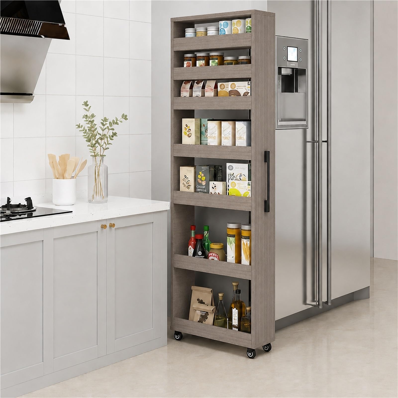 Gabinete Estrecho con Asa Y Ruedas, Carrito De Almacenamiento Grande Y Delgado, Organizador de Cocina Estrecho, estantería móvil para despensa, Mueble Auxiliar para rincones | Gray,25x55x183cm