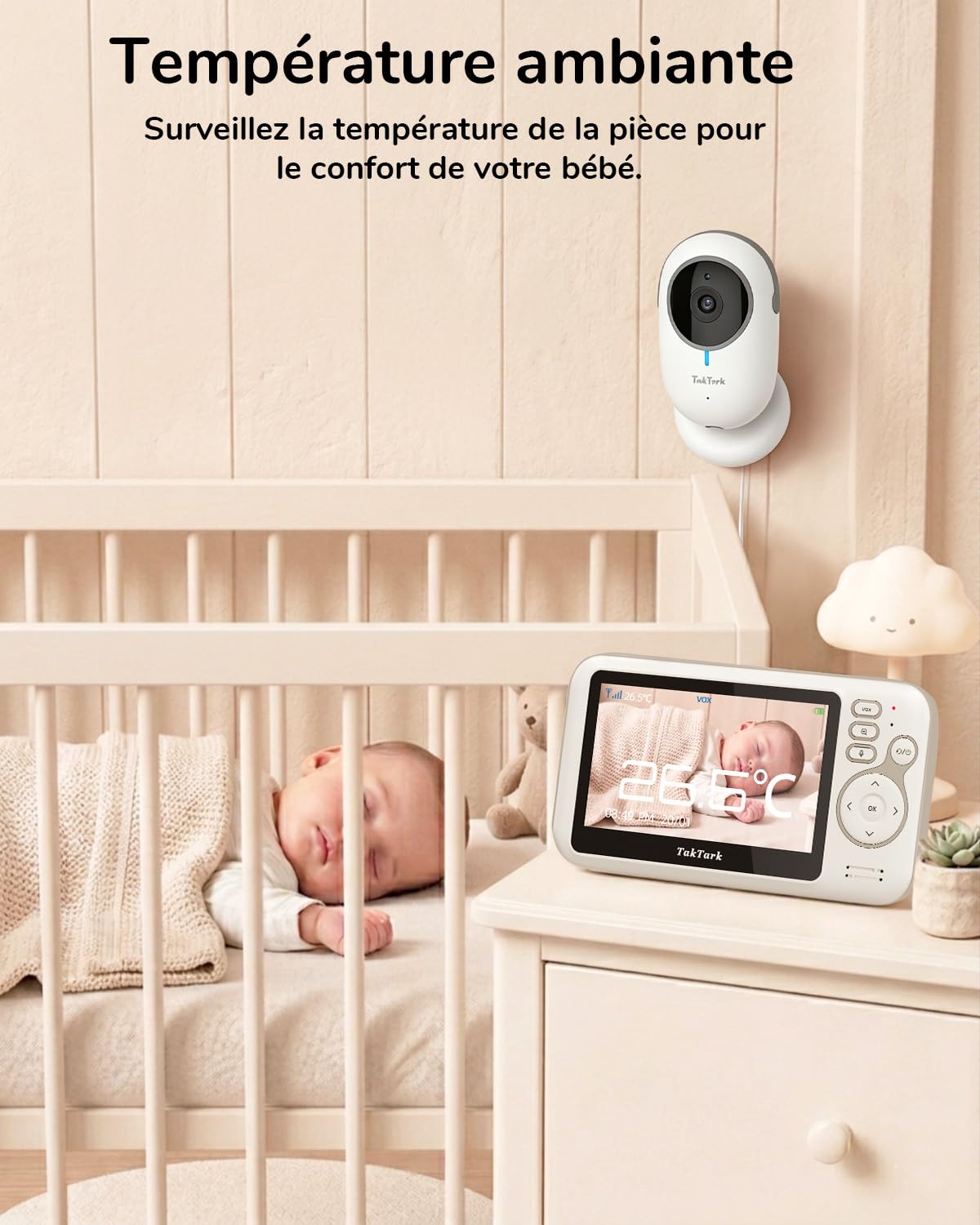 TakTark Babyphone Camera, Babyphones 4.3'' IPS Babyphone Vidéo, Camera Bebe Surveillance, Visiophone Bébé, VOX, Vision Nocturne, Communication Bidirectionnelle, Capteur de Température