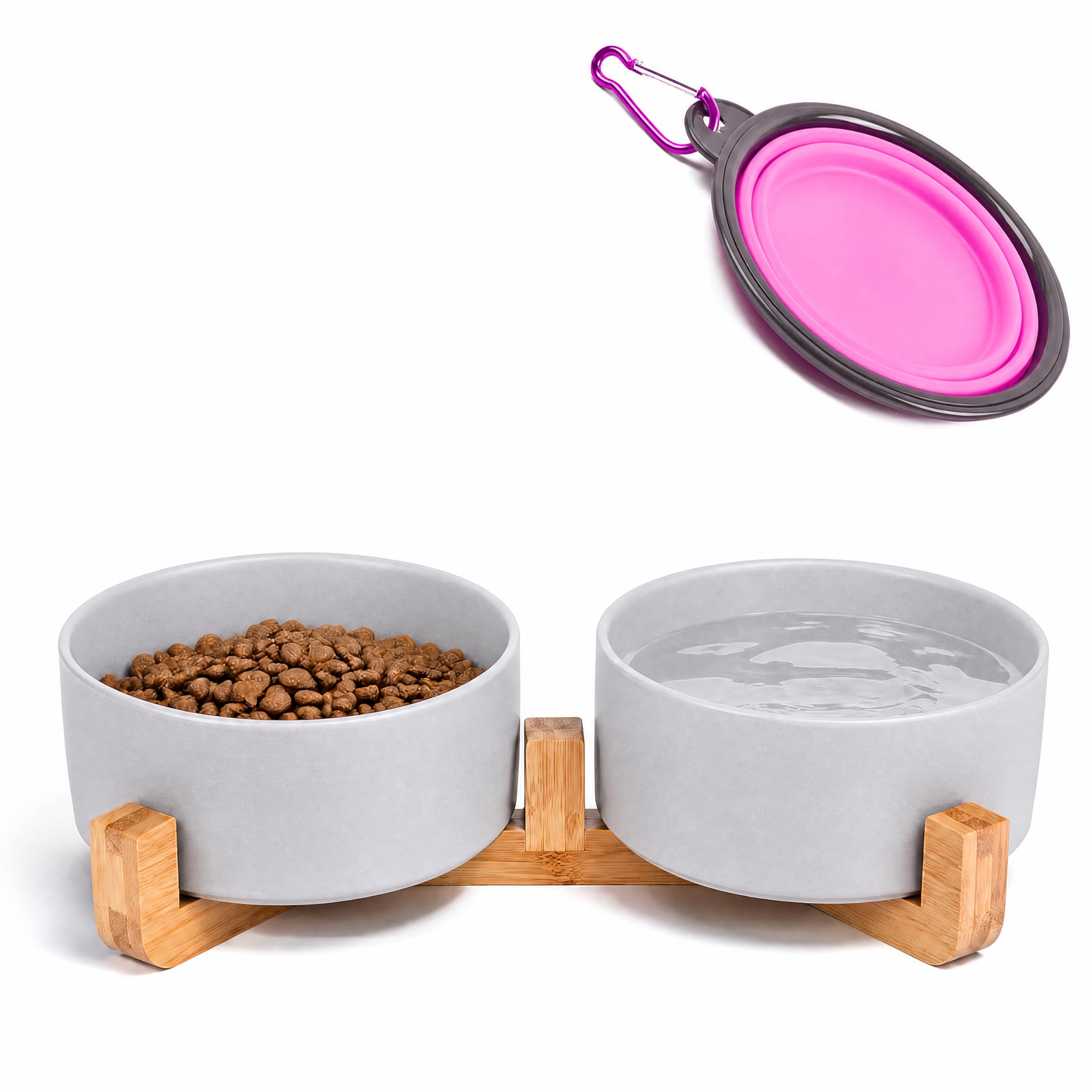 Petygooing Dog Bowls,Grey Ceramic Cat Dog Bowl Set with Wood Stand for Food and Water,Non-Slip Cute Modern Pet Dish Set for Cats and Medium Dogs (28OZ/6.1 in)