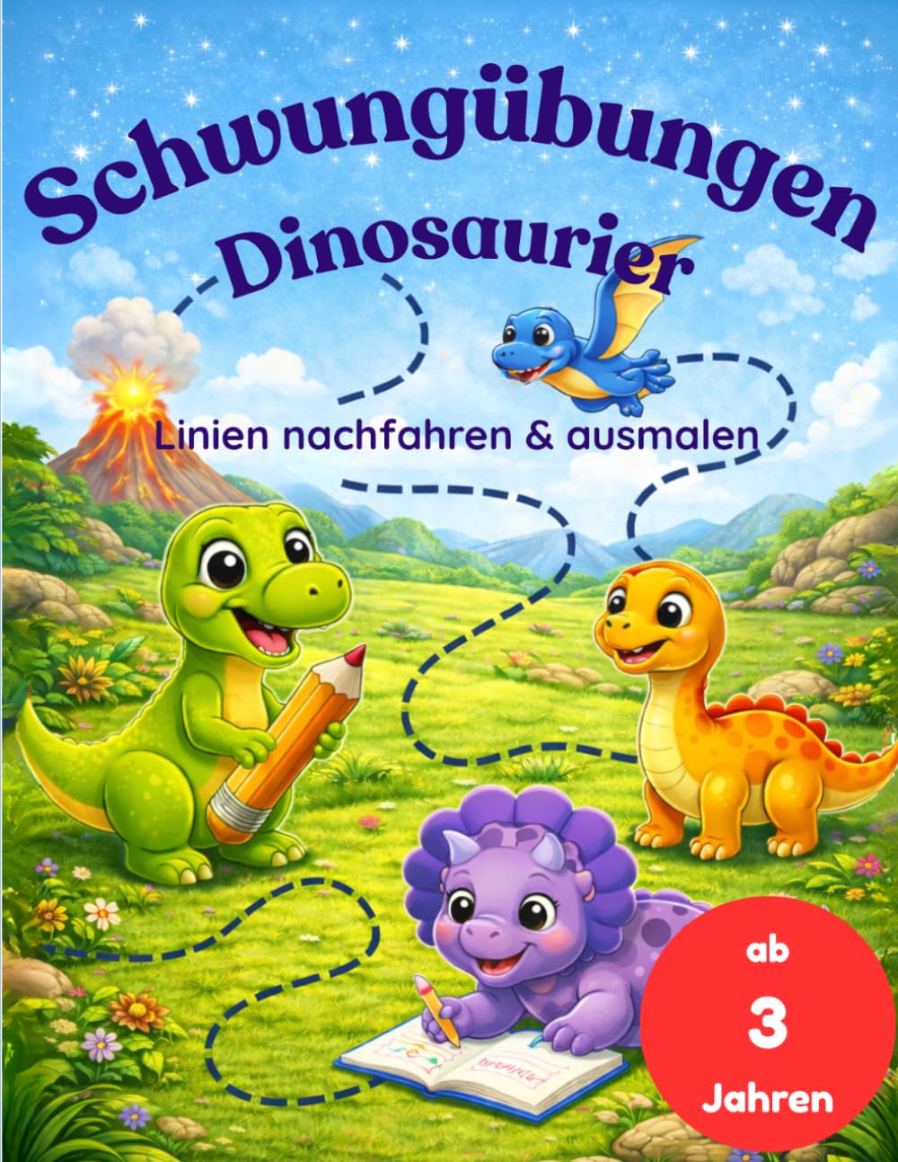 Schwungübungen Dinosaurier ab 3 Jahren: Linien nachfahren & ausmalen