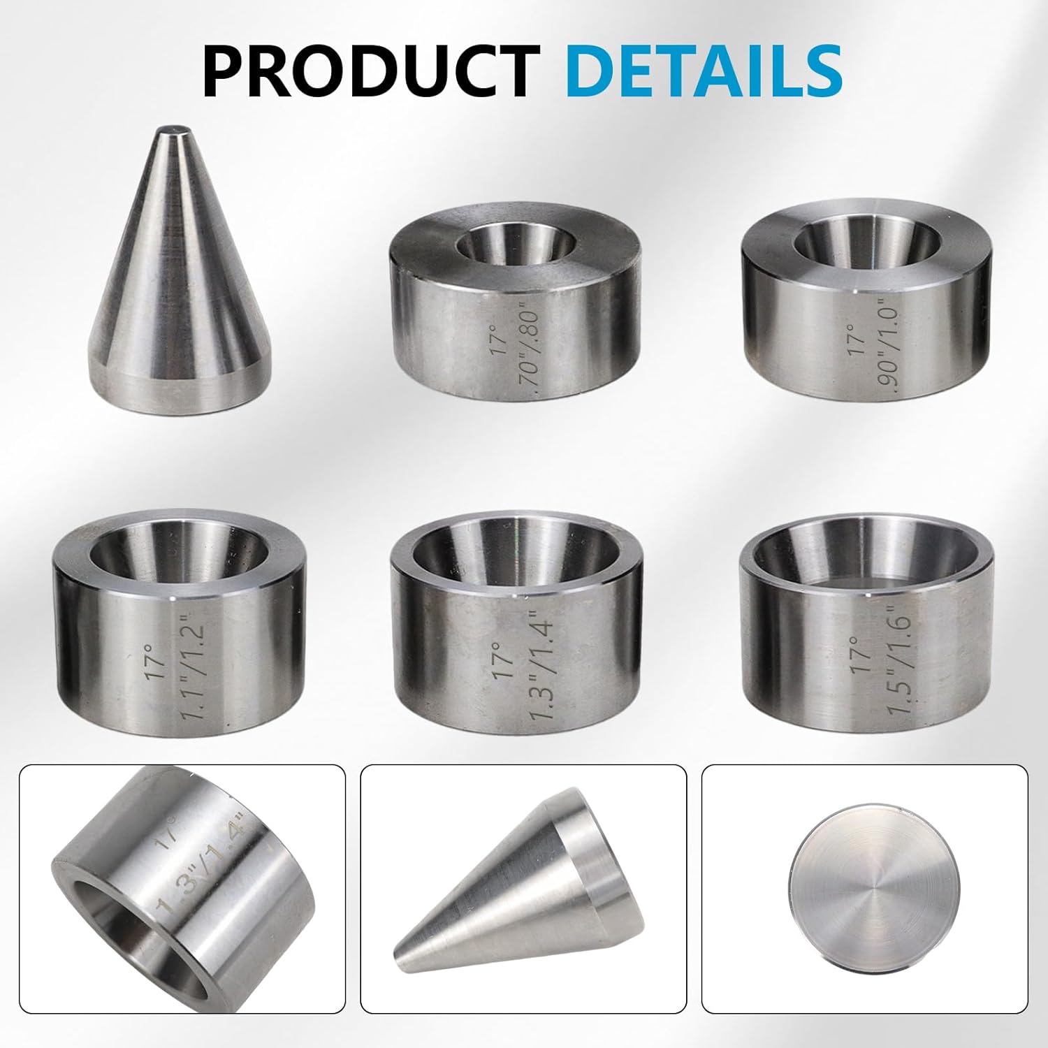 17 Degree Folding Die Set 5 Piece Die Set(0.70" x 0.80")(0.90" x 1.00")(1.10" x 1.20")(1.30" x 1.40")(1.50" x 1.60") & Stainless Steel Stabilizer Folding Cone Die Set & Coin Ring Making Tool