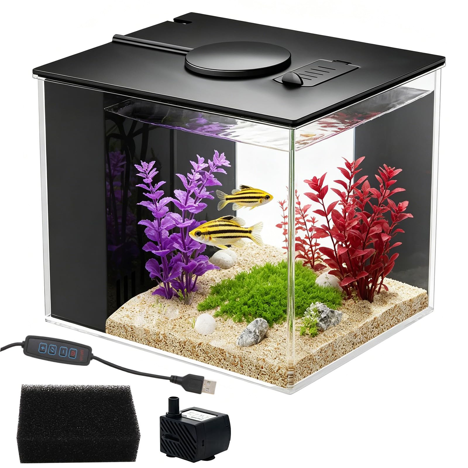 Betta Aquarium Komplettset, 3,7L Kleines Mini Aquarium aus Acryl, Schwarz | mit Filterpumpe und Eingebautem Filtersystem, LED-Beleuchtung, ideal für kleine Fische, Garnelen und Pflanzen,ohne Batterie