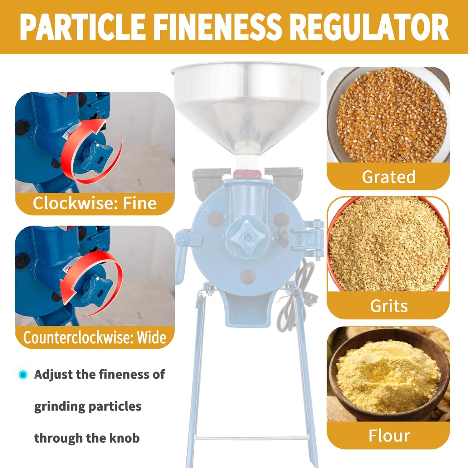 Dry & Wet Electric Grain Mill for Grinding Corn, Rice, Cereal, Wheat, Chilli into Fine Powder, Commercial Grade 110V Flour or Feed Mill with Adjustable Grind & Included Funnel (Dry Wet Grinders)