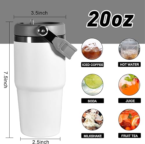 Miniatura 2 de Vaso de 20 onzas con asa, vaso aislado con tapa y popote abatible a prueba de fugas, de acero inoxidable de doble pared, taza de café de viaje para