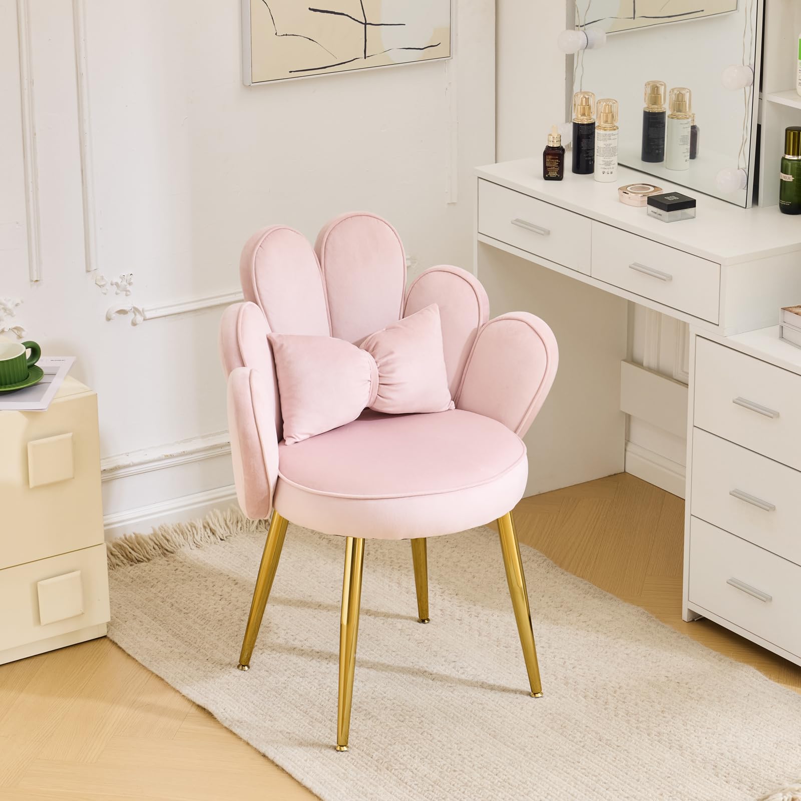 Bonnlo Schminktisch Stuhl mit Blütenblatt-Rückenlehne, Sessel Wohnzimmer, Schminkstuhl, Moderner Esszimmerstuhl mit verstellbaren Goldbeinen & Schleifenkissen für Schlafzimmer, Homeoffice, Rosa