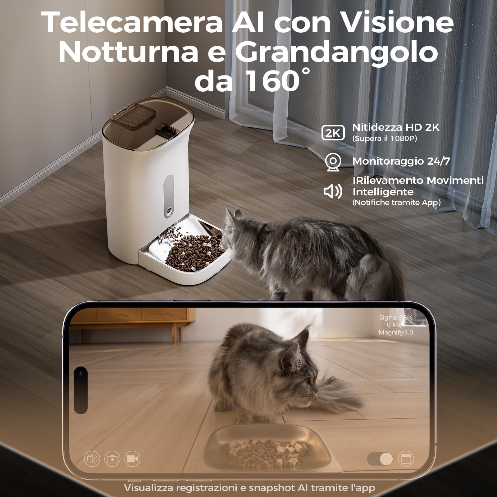 F1 Pro Distributore Automatico Cibo Gatti e Cani 4.5L con Telecamera HD 2K & Visione Notturna a 160°, WiFi 2.4G/5G, Antiblocco, Freschezza Tripla, Controllo APP, Ciotola in Acciaio Inox (F1 Pro 1)