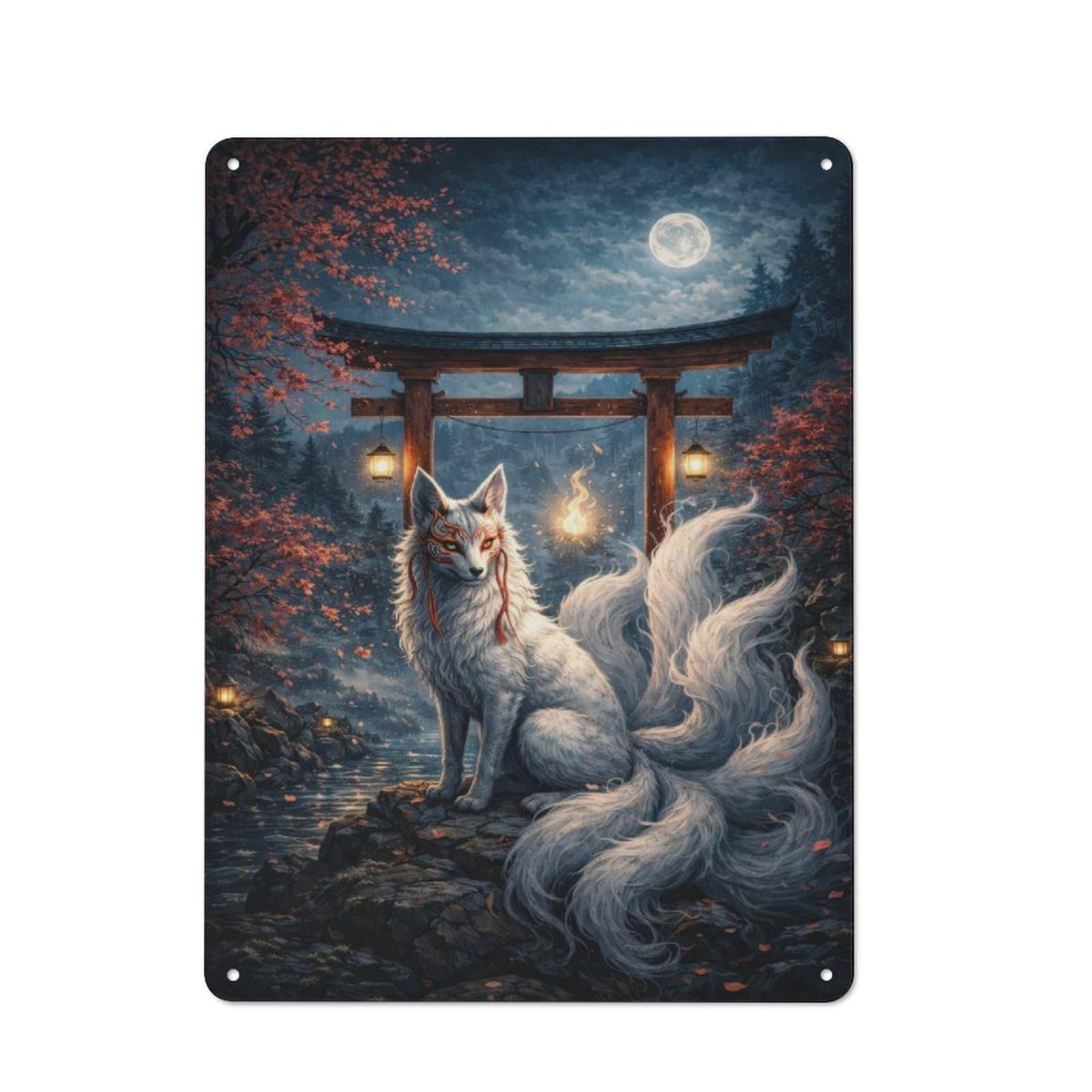 Junmoney Style-3 Tin Wall Plaque 40X30cm With Nine-Tailed Fox In Japanese Landscape For Studio Or Craft Room, For Kitchen, Dining Room And Home Bar Wall Decor