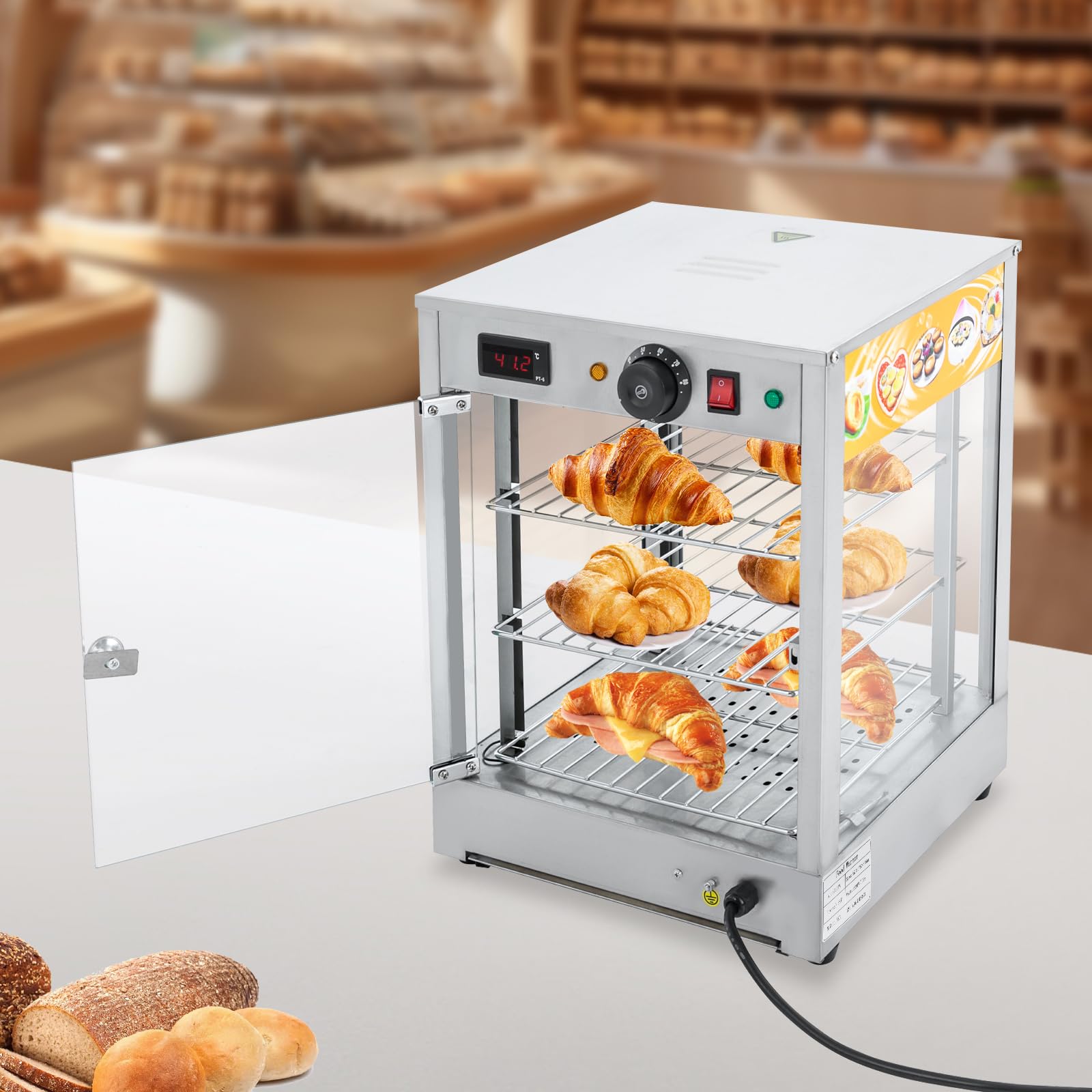 Scaldavivande elettrico da 800 W, in acciaio inox 201, 3 ripiani, design digitale, funzione termostatica, temperatura regolabile, frontale in vetro trasparente, ripiani rimovibili per ristoranti