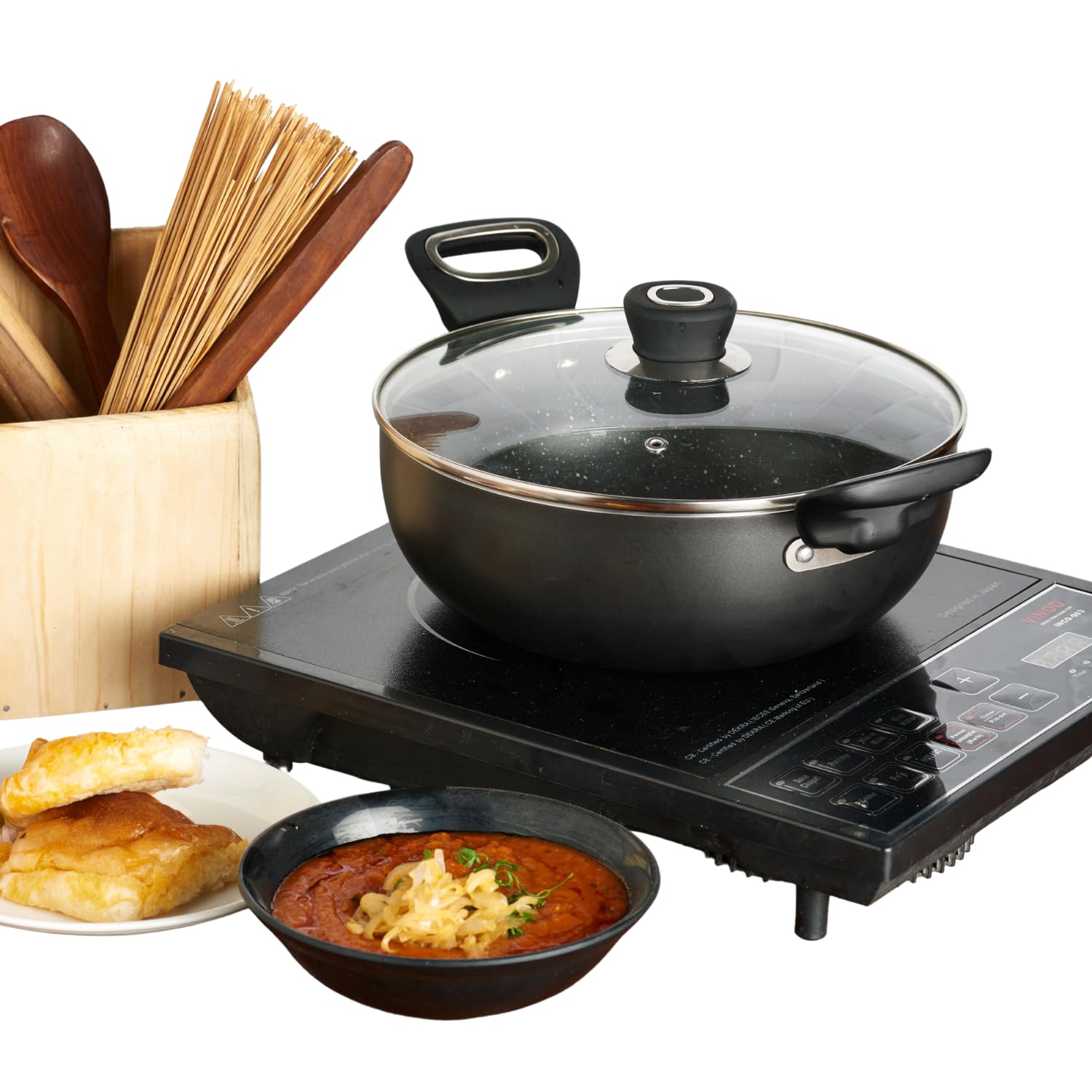 Vinod Hanos Hard Anodised Non Stick Kadai with lid 3.1 Litre, 24 cm | 5X Longer Life | Soft-Touch Handle | Kadai for Cooking & Frying | Metal Spoon, Induction Friendly | PFOA Free - 2 Year Warranty