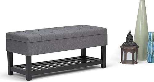 Miniatura 25 de SIMPLIHOME Saxon - Banco otomano rectangular de transición de 43 pulgadas de ancho en tela de aspecto de lino gris paloma, montado para la sala de