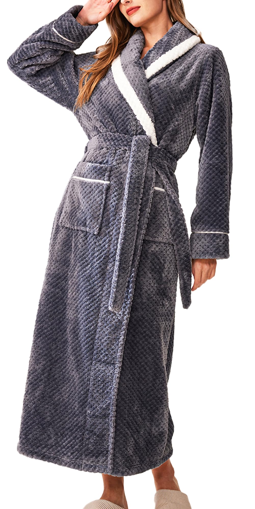 Maeau Peignoir de Bain Long Femme Épais Chaud Carreaux Ananas Automne Hiver | M XL 3XL, Col revers bordé blanc, Ceinture ajustable, Grande poche, Flanelle douce absorbante, pour bain et détente maison