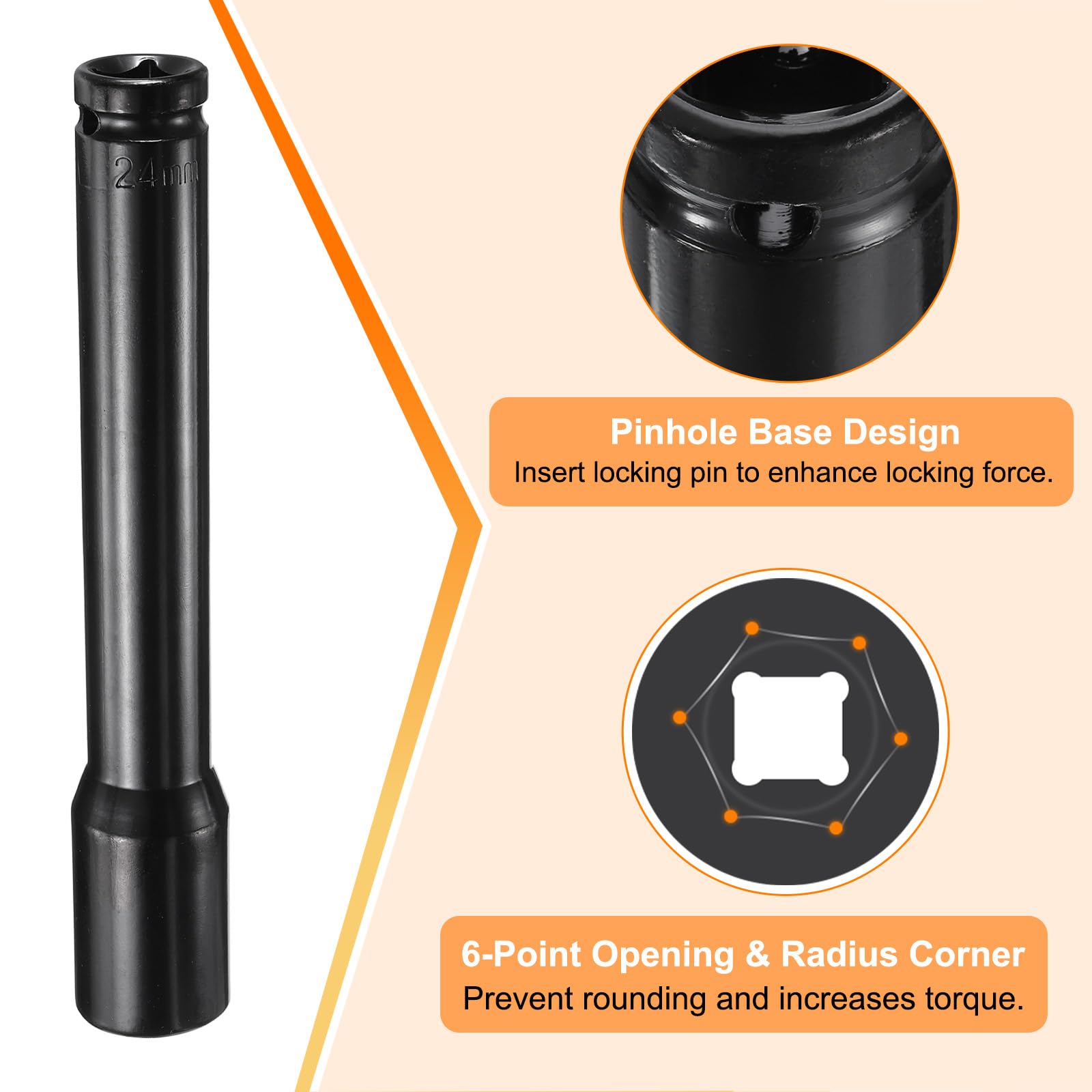 Uxcell 24mm Deep Impact Socket – 1/2" Drive, 6 Point, 200mm Extra Long, Metric