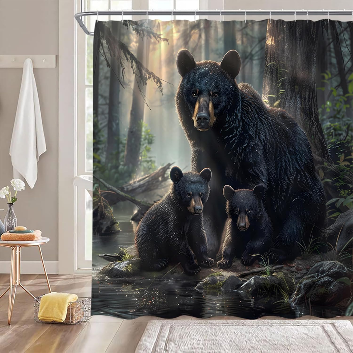 Black Bear Shower Curtain Forest Wild Animal Junge Rustic Country Hunting Retro 70" Wx96 H Fabric Bathroom Decor Curtain with Hooks