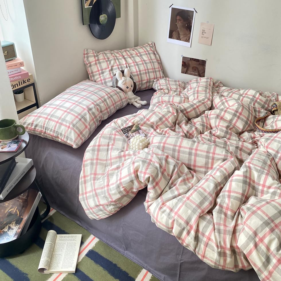 Image of EAVD Vintage Style Plaid Duvet Cover Queen Grey Pink Grid Soft 100% Washed Cotton Reversible Bedding Set Farmhouse Grid Checkered Bedding Set with 2 Pillowcases Modern Gingham Duvet Cover with Zipper