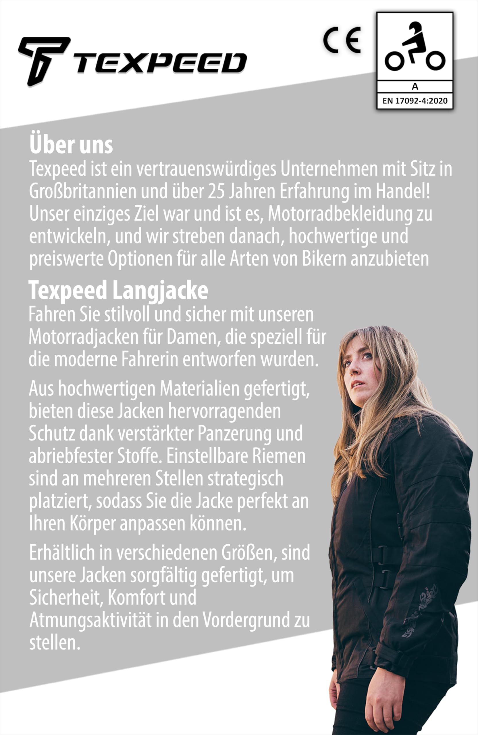 Texpeed Motorradjacke damen mit protektoren - Motorrad Motorroller Biker Wasserdicht Jacke Mit Rüstung (EN 1621-1) Schwarz - 4XL