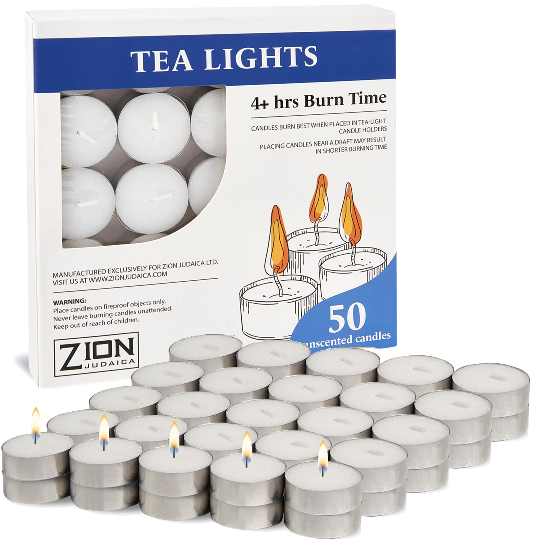 Zion Judaica Premium Unscented Tealight Candles Set Smokeless Multi-Pack Tea Candles Dripless Clean Burning Tea Lights Long Lasting Candlelight for Home Décor Religious Ceremonies (4 Hour, 50, Count)