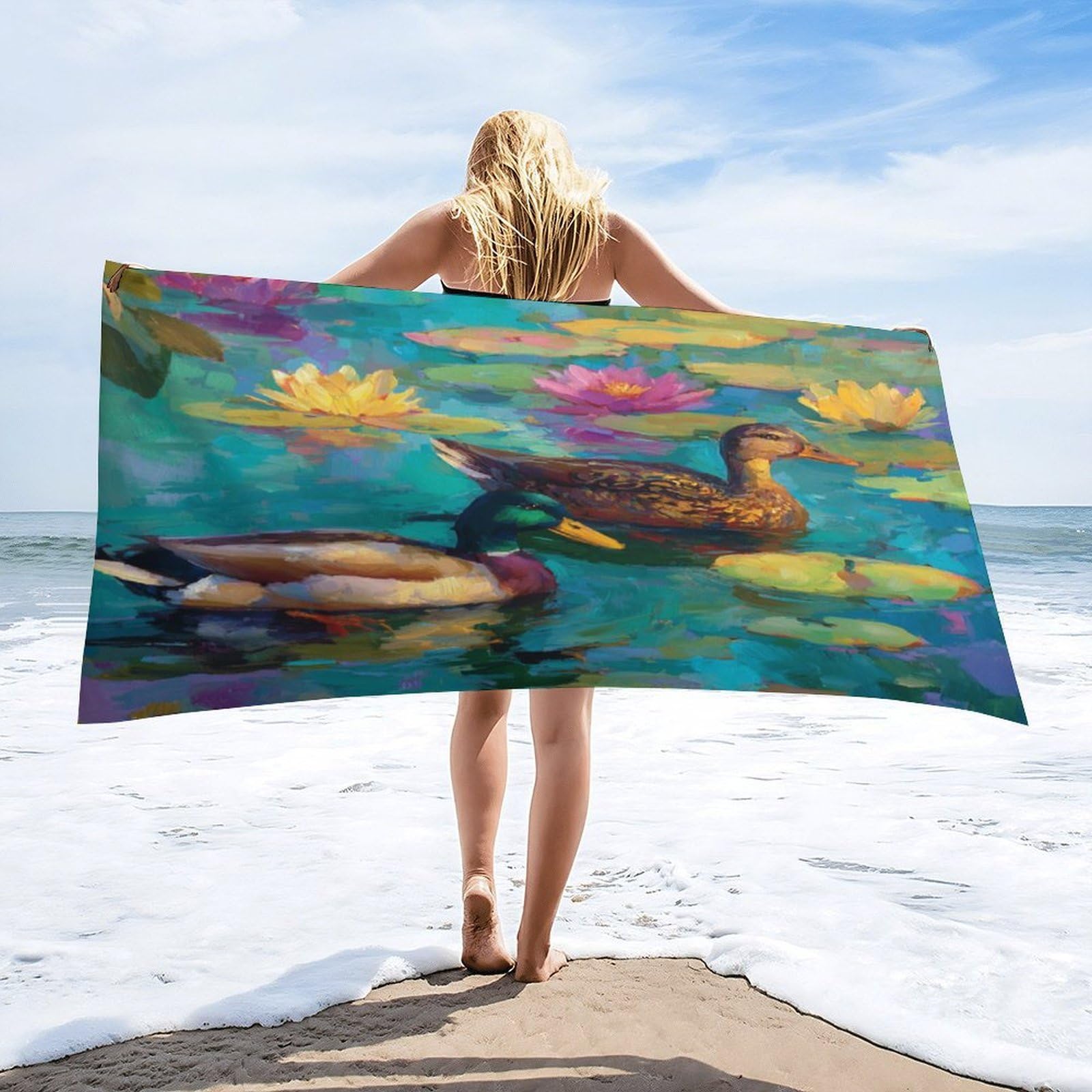 Luyysky Classic Abstract Animal Duck Absorbent Beach Towel, Retro Oil Painting Plant Lotus Floral Wildlife Mallard Outdoor Single-Sided Velvet Beach Towel-80 W Cm X 160" L Cm