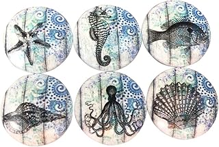 Set of 6 Blue Nautical Print Wood Cabinet Knobs