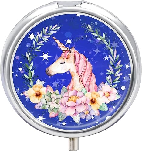 Miniatura 1 de Pastillero con diseño de unicornio con flores azules, 2 compartimentos, pastillero portátil, organizador de pastillas de viaje