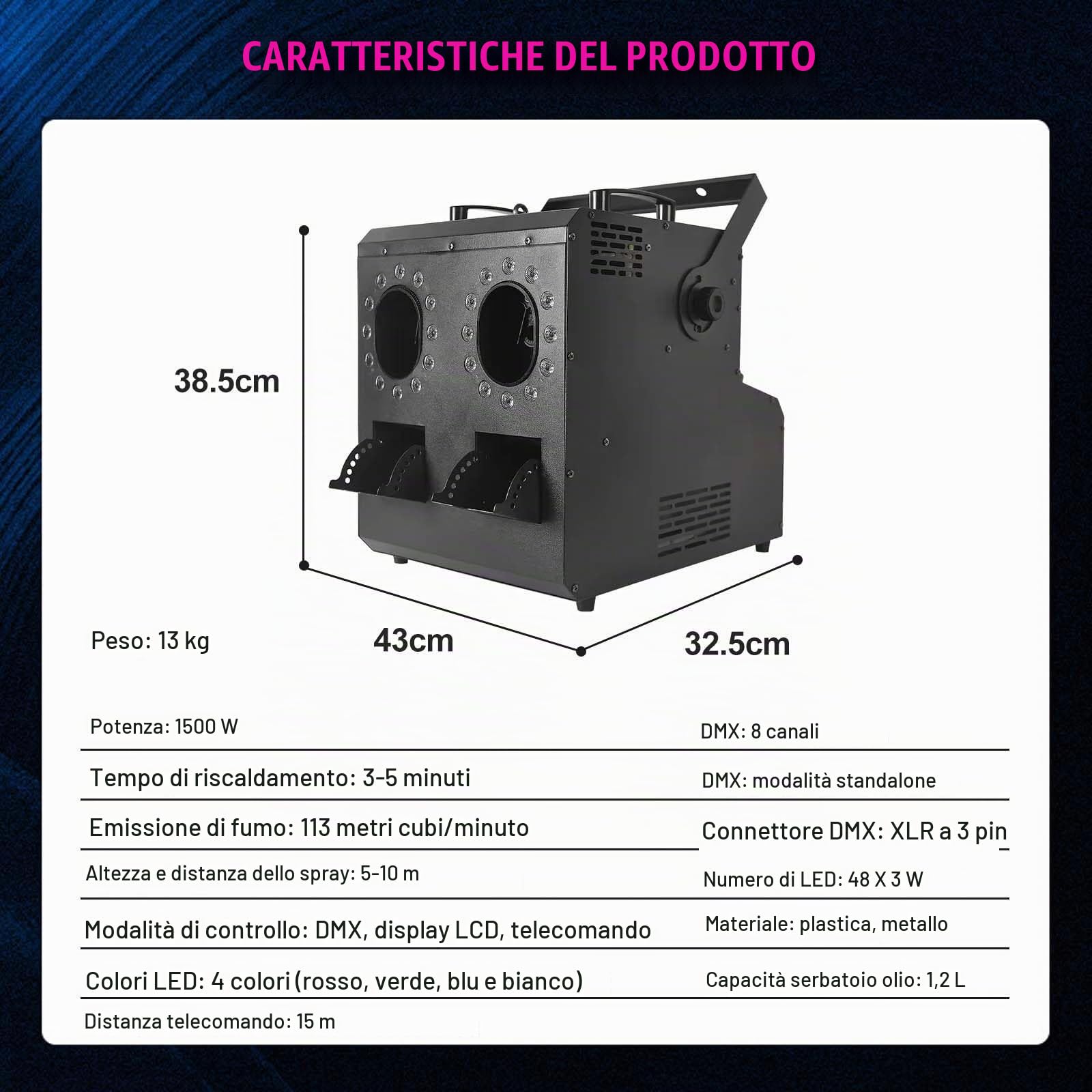Macchina Spara Bolle di Sapone Professionale con Effetto Fumo E 24 Luci LED Rgbw, Telecomando, Timer, Controllo DM×, Pannello di Controllo LCD - Oltre 10.000 Bolle Galleggianti DualNozzle