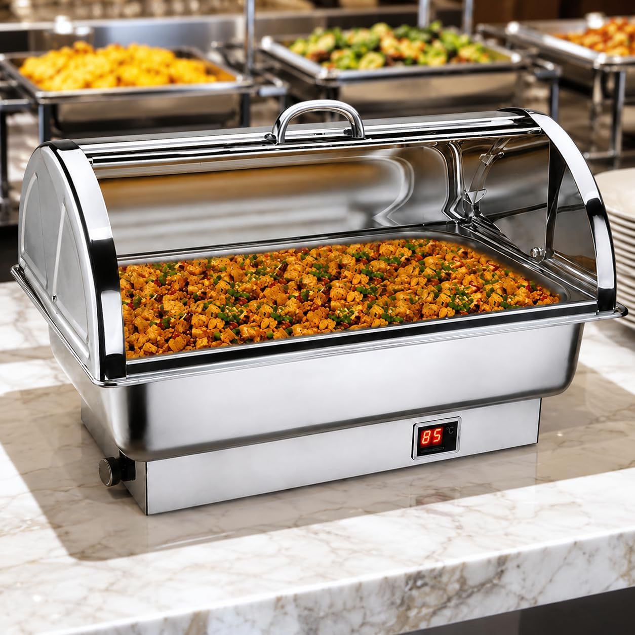 Calentador de Buffet Eléctrico 9L, Set Chafing Dish con Tapa Abatible