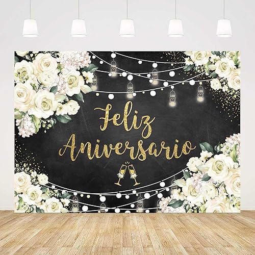 AIBIIN Telón de fondo de Feliz Aniversario de 7 x 5 pies tema mexicano decoraciones de feliz aniversario flores blancas fondo de fotografía boda
