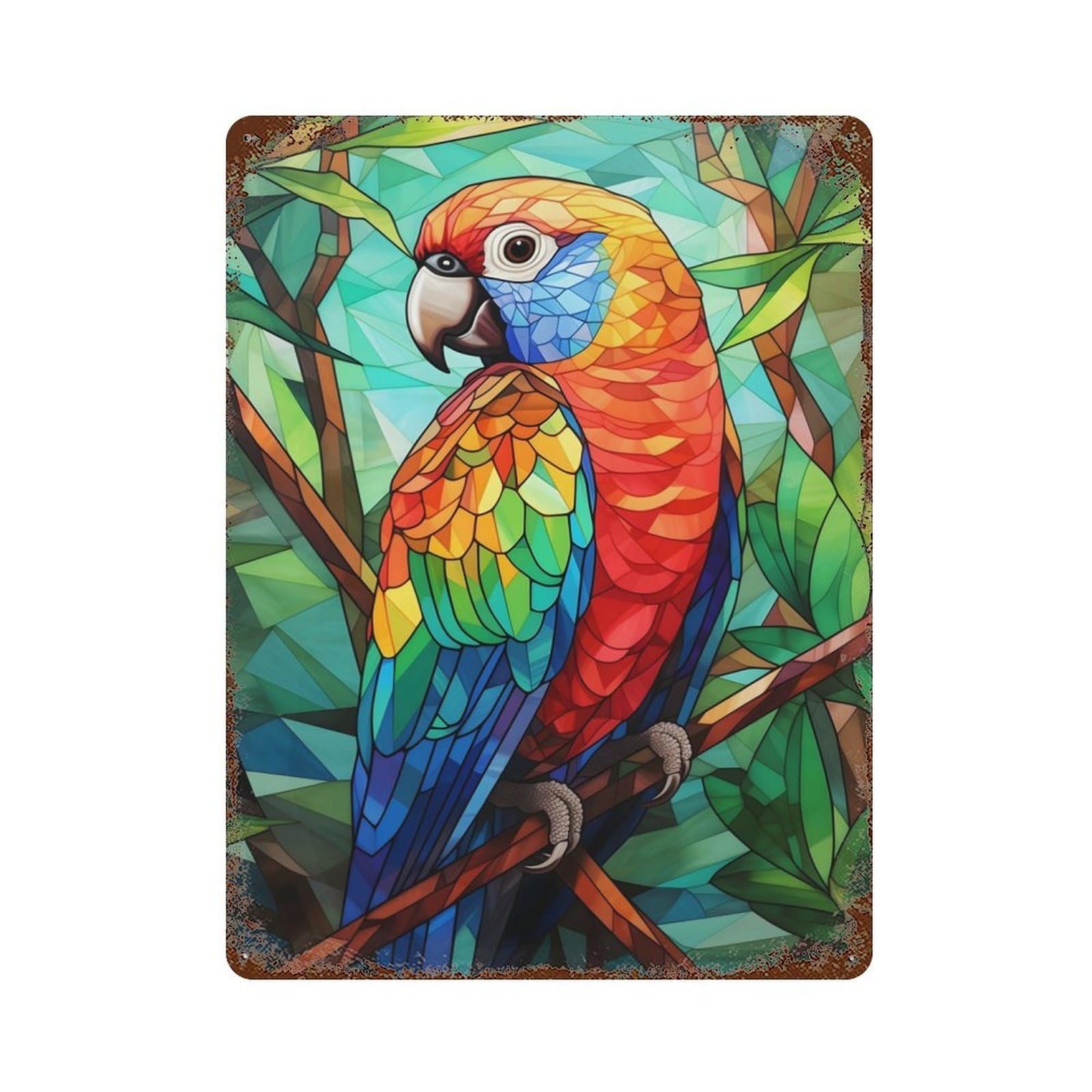 Parakeet Stained Glass Vintage Wall Sign 15.7"x11.8", Rust Effect Metal Decor for Cafe, Home Bar And Lounge Decor